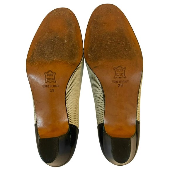 Vintage Breazioni Arabella US9 Heels Shoes Italy Navy White Leather Vero Cuoio - Picture 8 of 9